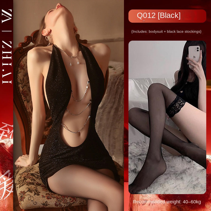 Sexy Lingerie, Sultry Minimalist Uniform Style, Nightclub-Inspired Hip-Hugging Skirt, Chain Detail, Halter Neck Sheer Outfit