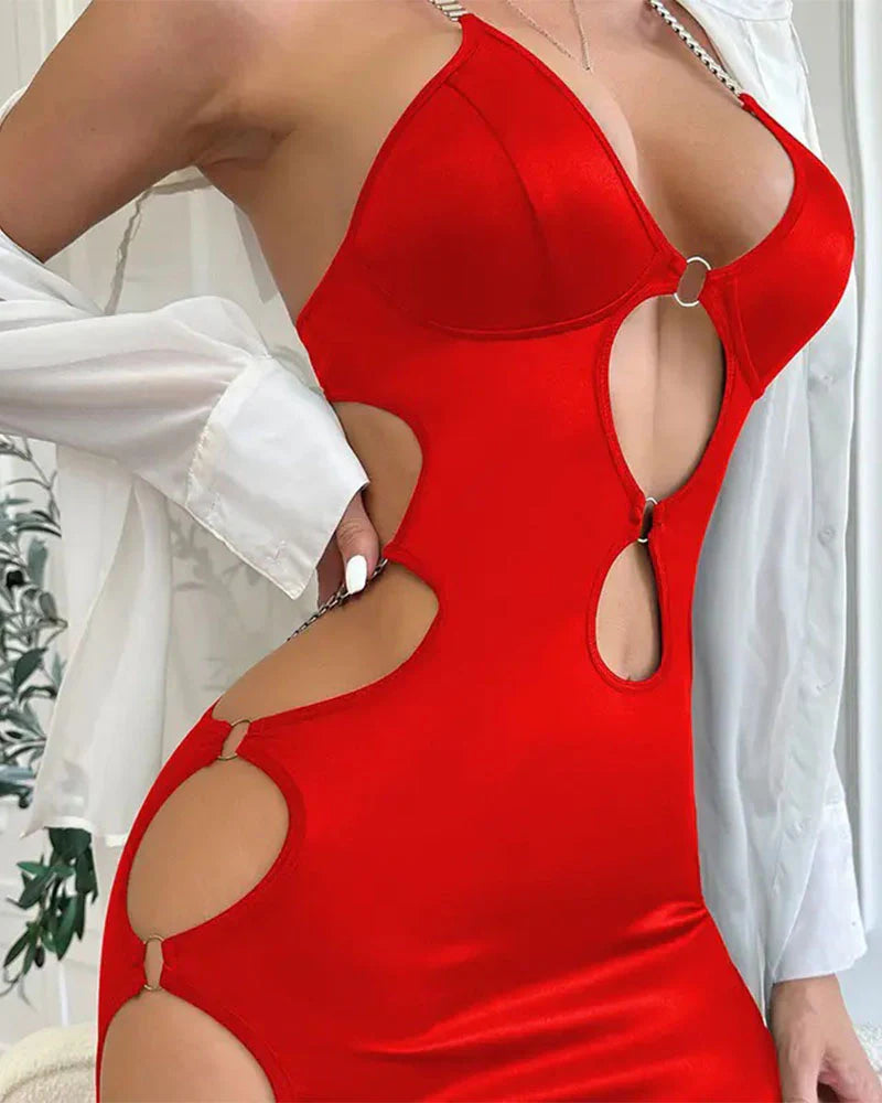 Women's Sexy Hollow Slim-Fit Sheath Dress Deep V Metal Strap