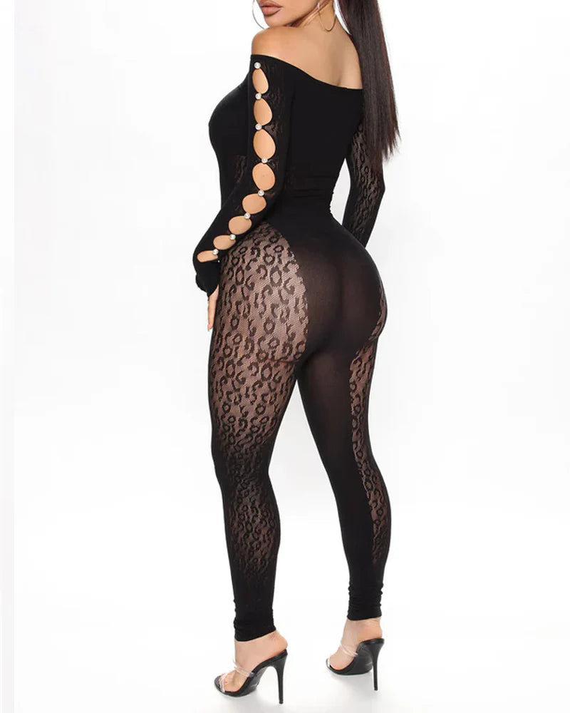 Sexy Leopard Print Jacquard Pearl-embellished Cutout Long-sleeved Jumpsuit