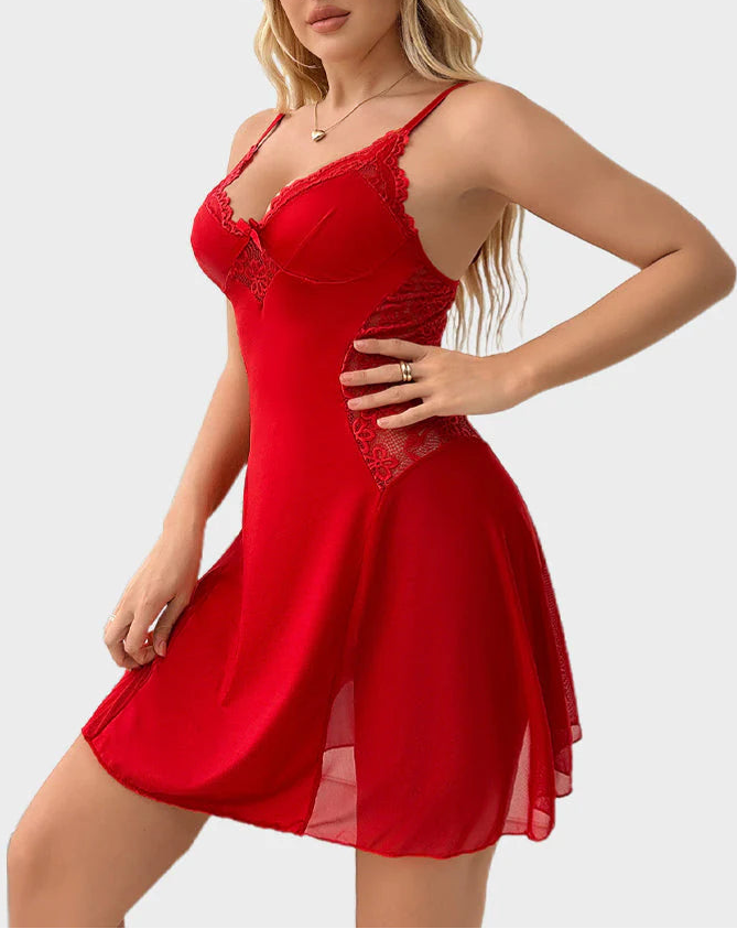 Soft V-Neck Sheer Lace Mesh Nightgown