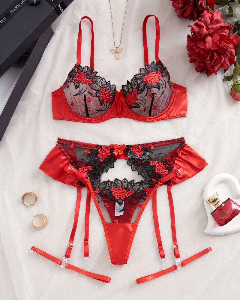 Floral Embroidery See-Through Mesh Colorblock Lingerie Set