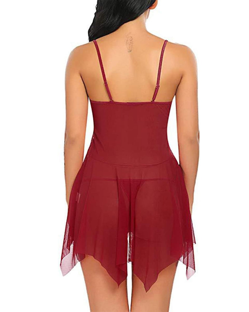 Deep V Sexy Lace Mesh Irregular Hem Babydoll & Thong Set