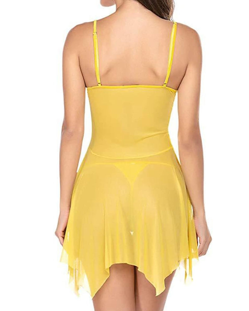 Deep V Sexy Lace Mesh Irregular Hem Babydoll & Thong Set