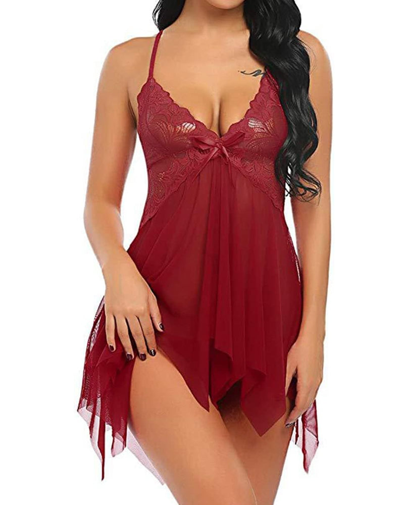 Deep V Sexy Lace Mesh Irregular Hem Babydoll & Thong Set