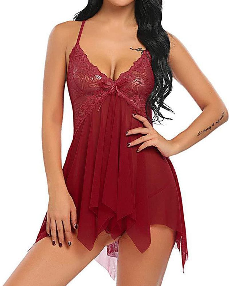 Deep V Sexy Lace Mesh Irregular Hem Babydoll & Thong Set