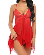 Deep V Sexy Lace Mesh Irregular Hem Babydoll & Thong Set