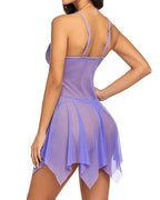 Deep V Sexy Lace Mesh Irregular Hem Babydoll & Thong Set