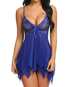 Deep V Sexy Lace Mesh Irregular Hem Babydoll & Thong Set