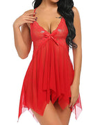 Deep V Sexy Lace Mesh Irregular Hem Babydoll & Thong Set