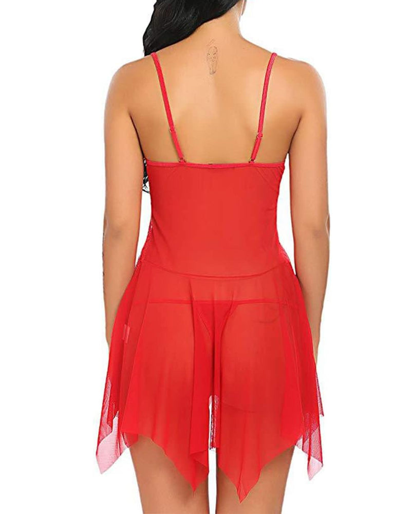Deep V Sexy Lace Mesh Irregular Hem Babydoll & Thong Set
