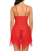 Deep V Sexy Lace Mesh Irregular Hem Babydoll & Thong Set