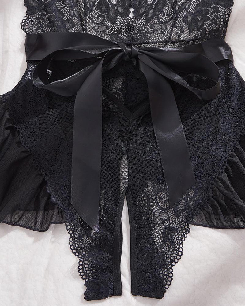 Sexy Lace Open Crotch Design Suspender Tight Backless Nightgown