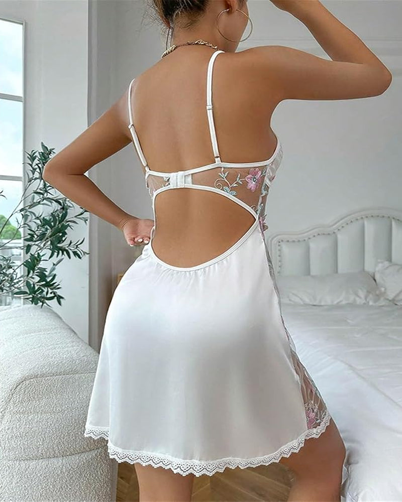 Floral Embroidery Lace Edge Satin V-Neck Suspender Nightdress
