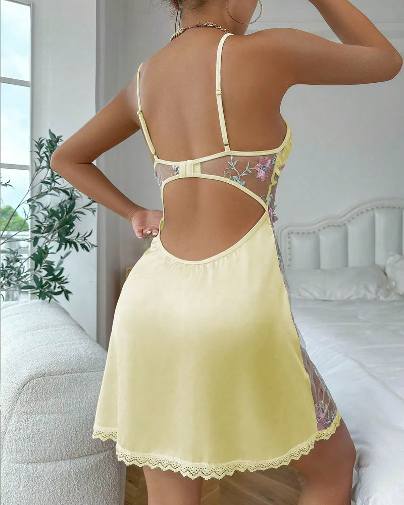 Floral Embroidery Lace Edge Satin V-Neck Suspender Nightdress