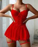 Sexy Lace Tie-Up Design See-Through Low-Cut Suspender Nightdress