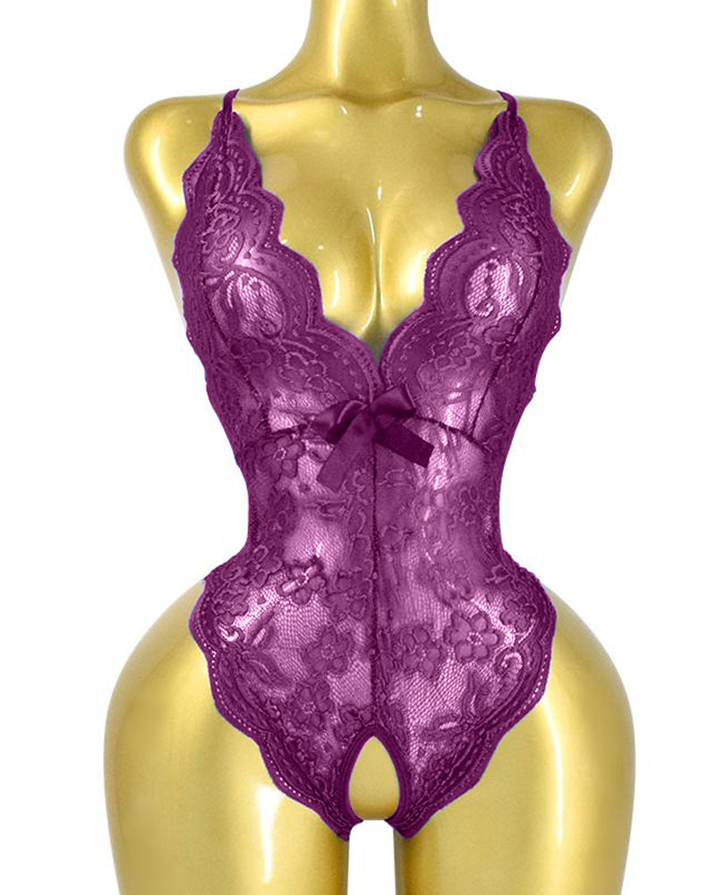 Sexy Floral Lace Deep V Cross-Back Open Crotch One-Piece Pajamas