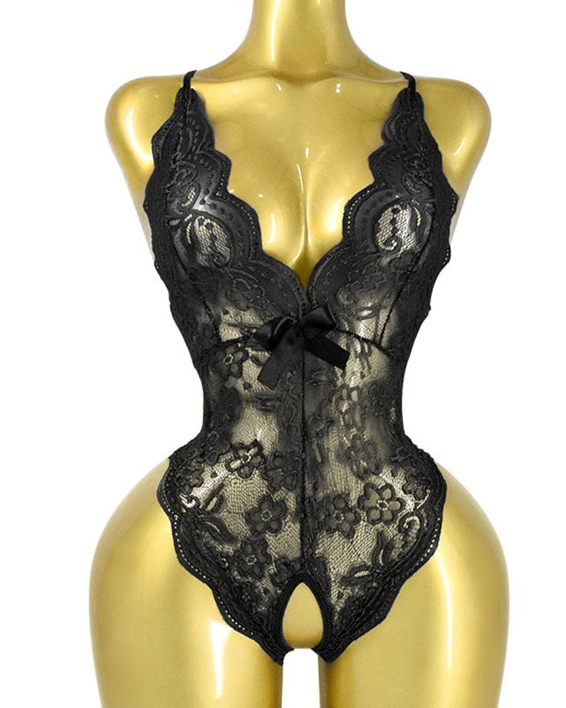 Sexy Floral Lace Deep V Cross-Back Open Crotch One-Piece Pajamas