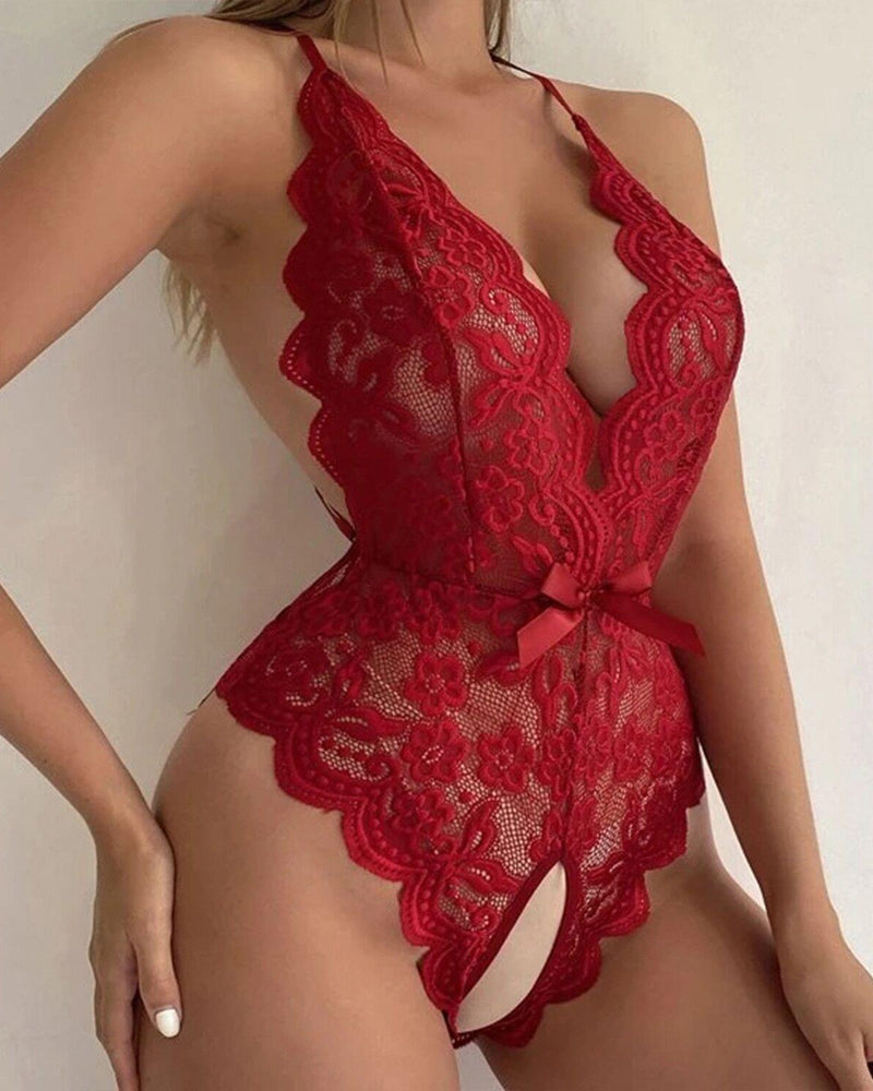 Sexy Floral Lace Deep V Cross-Back Open Crotch One-Piece Pajamas