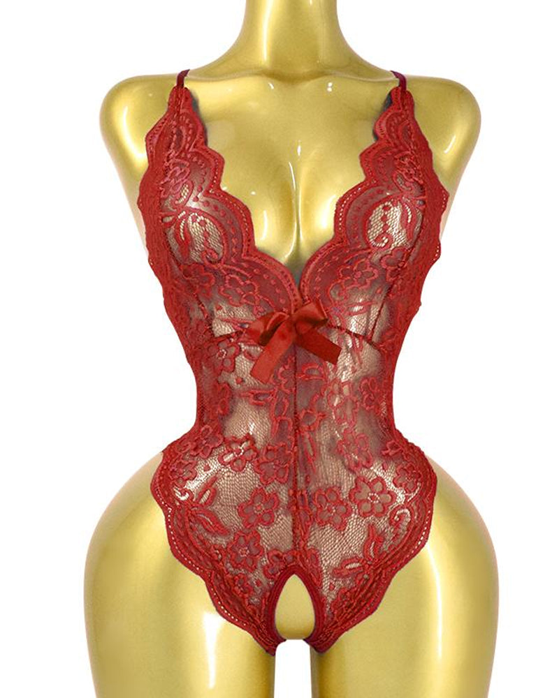 Sexy Floral Lace Deep V Cross-Back Open Crotch One-Piece Pajamas