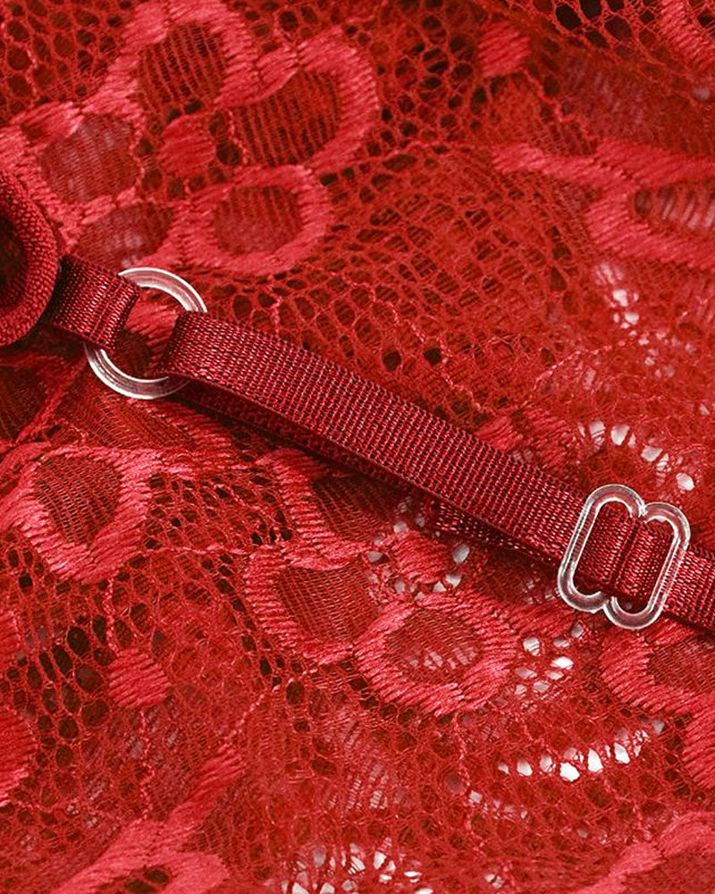 Sexy Floral Lace Deep V Cross-Back Open Crotch One-Piece Pajamas