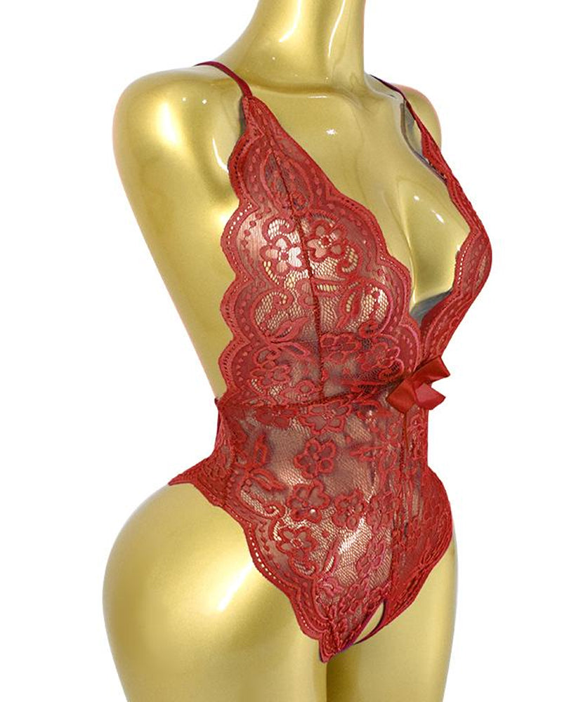 Sexy Floral Lace Deep V Cross-Back Open Crotch One-Piece Pajamas