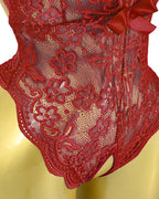 Sexy Floral Lace Deep V Cross-Back Open Crotch One-Piece Pajamas