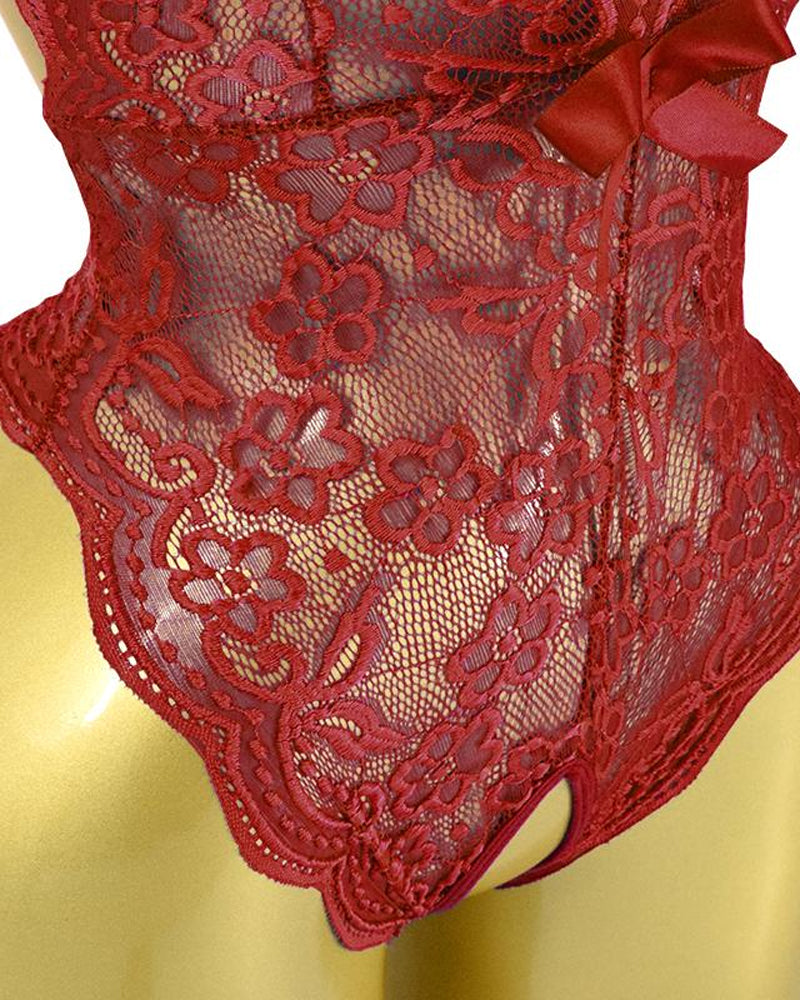 Sexy Floral Lace Deep V Cross-Back Open Crotch One-Piece Pajamas