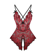 Sexy Floral Lace Deep V Open Crotch Suspender Bodysuit
