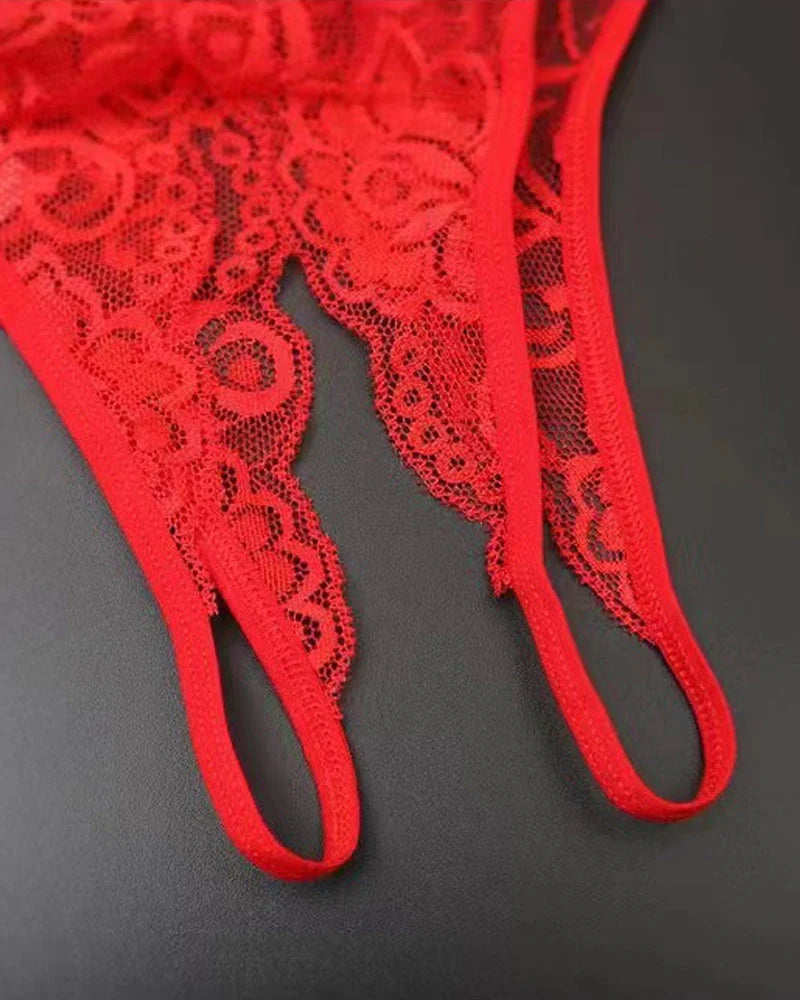 Sexy Lace Open Crotch Hollow Low Rise Thong
