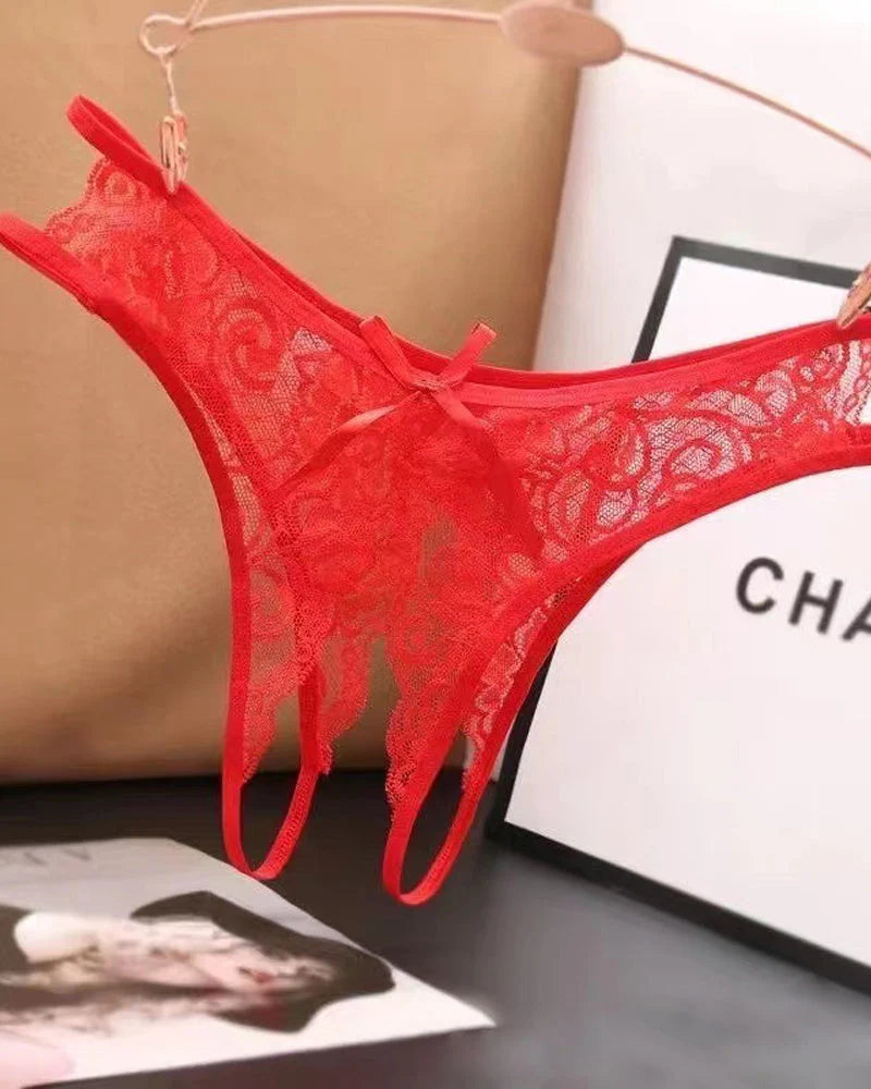 Sexy Lace Open Crotch Hollow Low Rise Thong