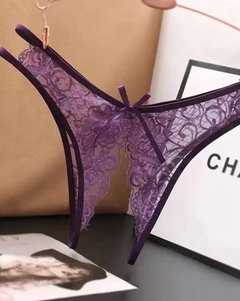 Sexy Lace Open Crotch Hollow Low Rise Thong
