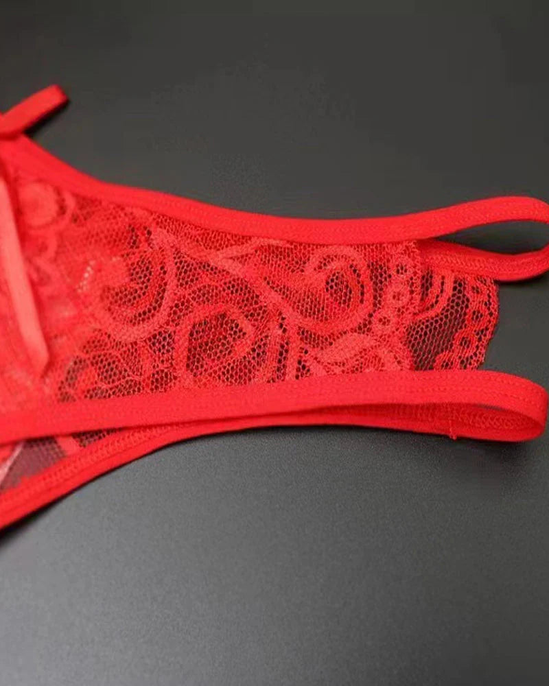 Sexy Lace Open Crotch Hollow Low Rise Thong