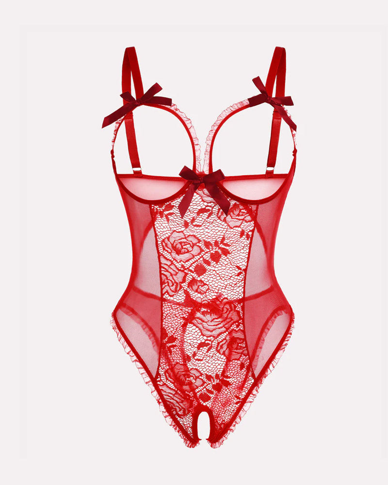 Flower Lace Mesh Hollow Open Crotch One-Piece Pajamas