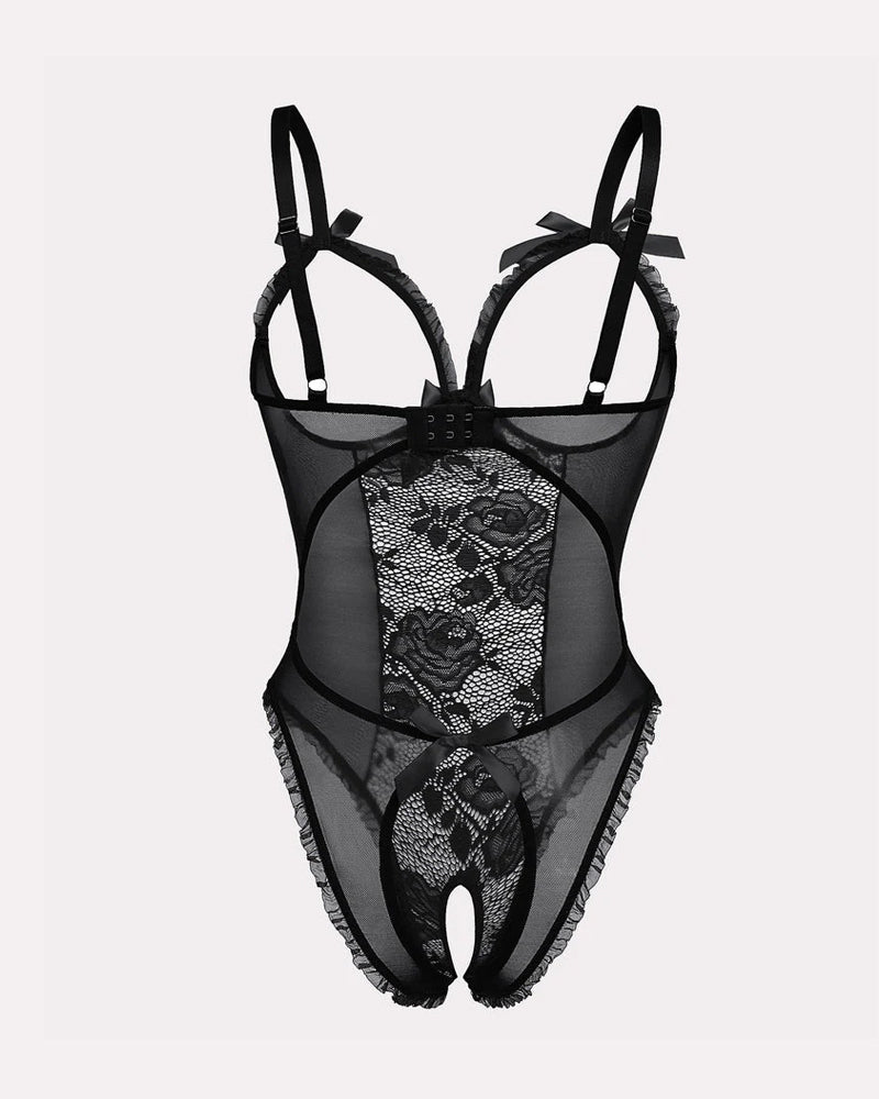 Flower Lace Mesh Hollow Open Crotch One-Piece Pajamas