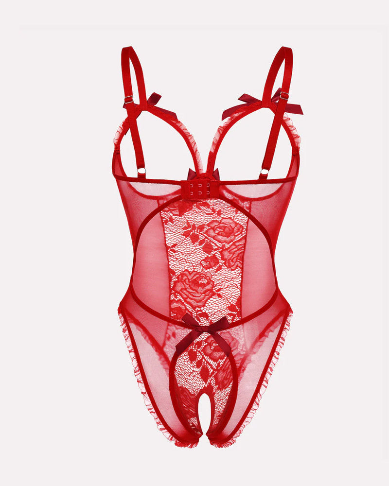 Flower Lace Mesh Hollow Open Crotch One-Piece Pajamas