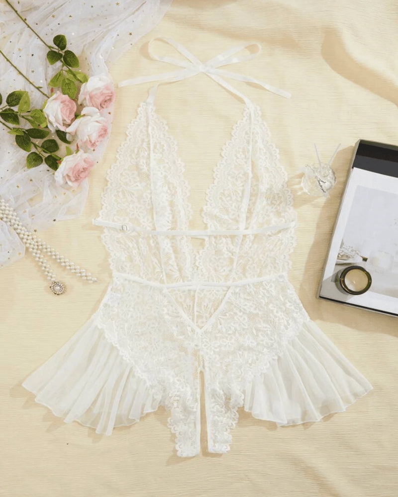 Sexy Hollow Lace See-through Open Crotch One-piece Pajamas