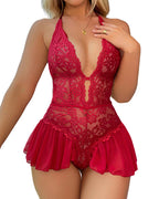 Sexy Hollow Lace See-through Open Crotch One-piece Pajamas
