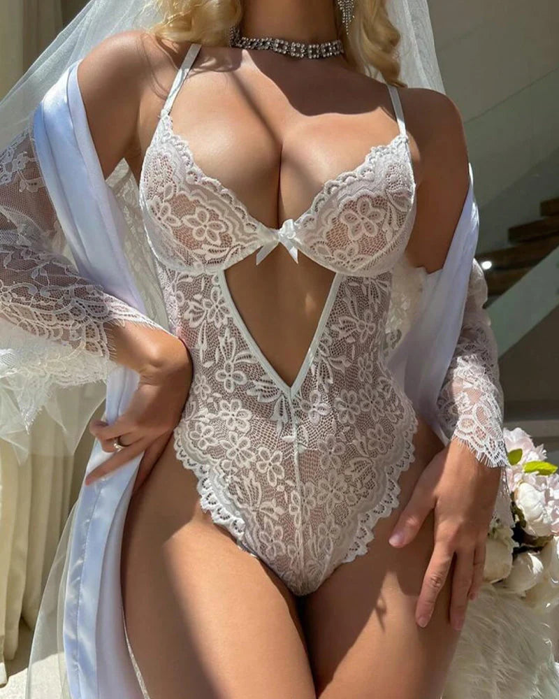 Sexy White Lace Pearl Backless Open Crotch Bodysuit