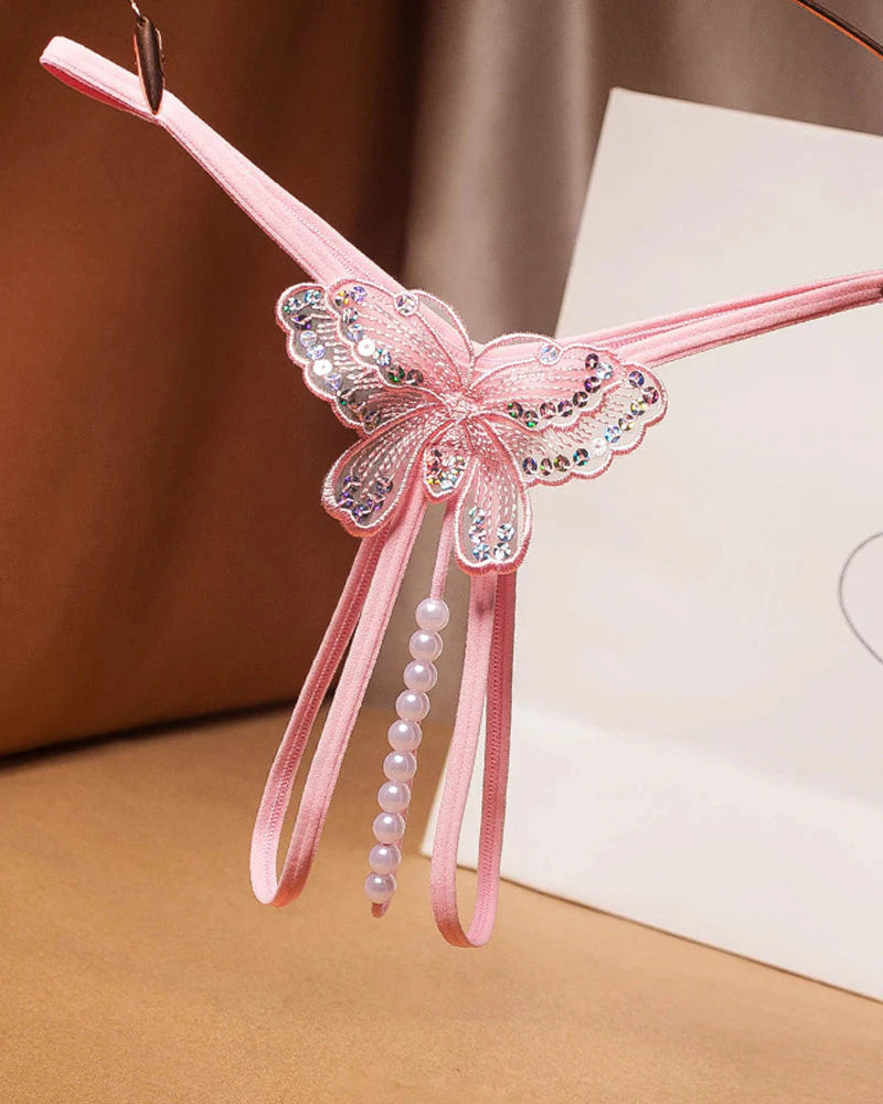 Sexy Sequin Butterfly Embroidered Open Crotch Thong