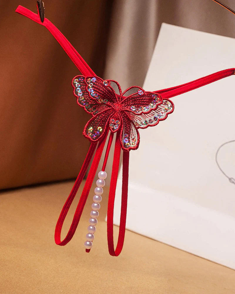 Sexy Sequin Butterfly Embroidered Open Crotch Thong