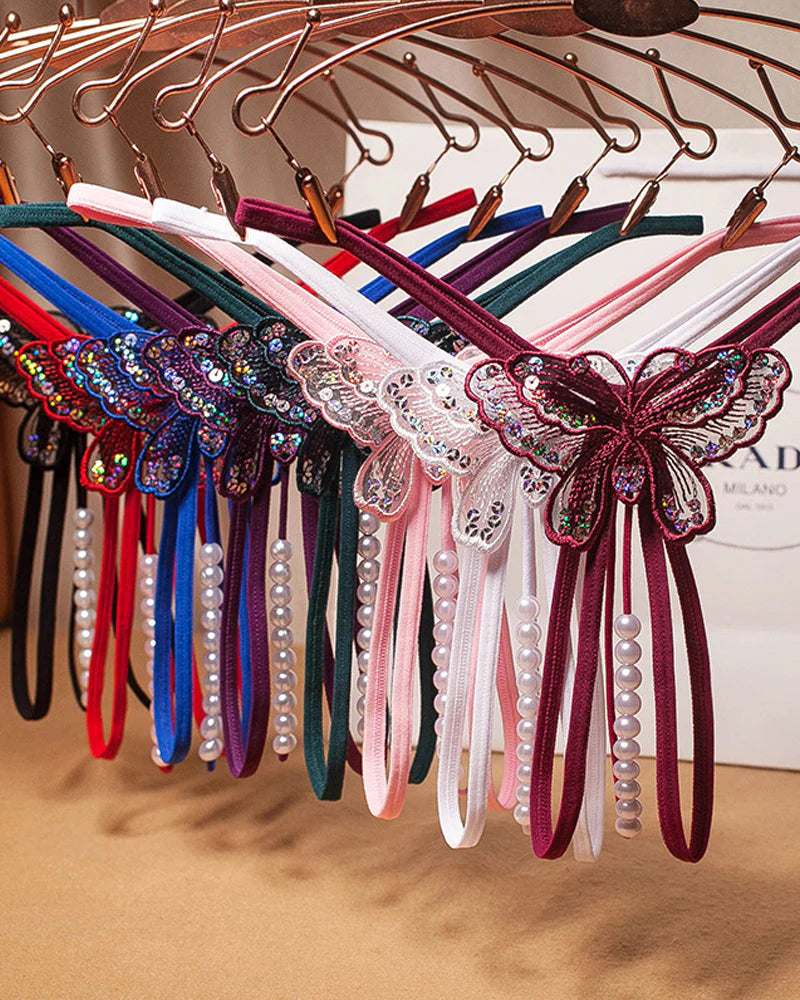 Sexy Sequin Butterfly Embroidered Open Crotch Thong