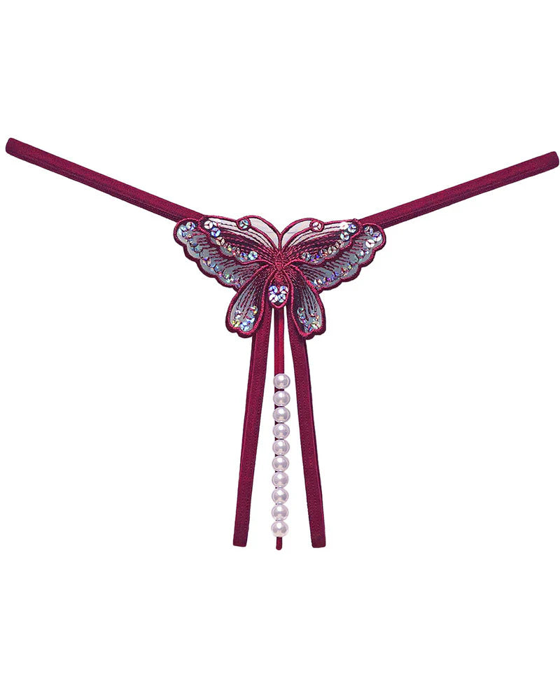 Sexy Sequin Butterfly Embroidered Open Crotch Thong