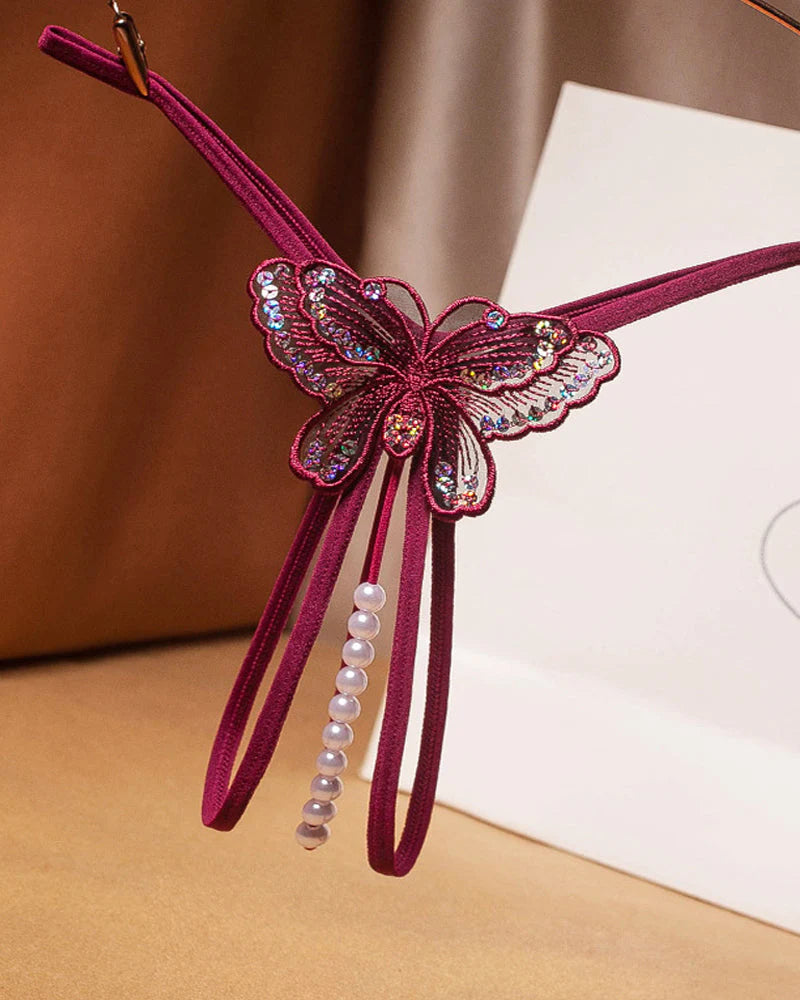 Sexy Sequin Butterfly Embroidered Open Crotch Thong