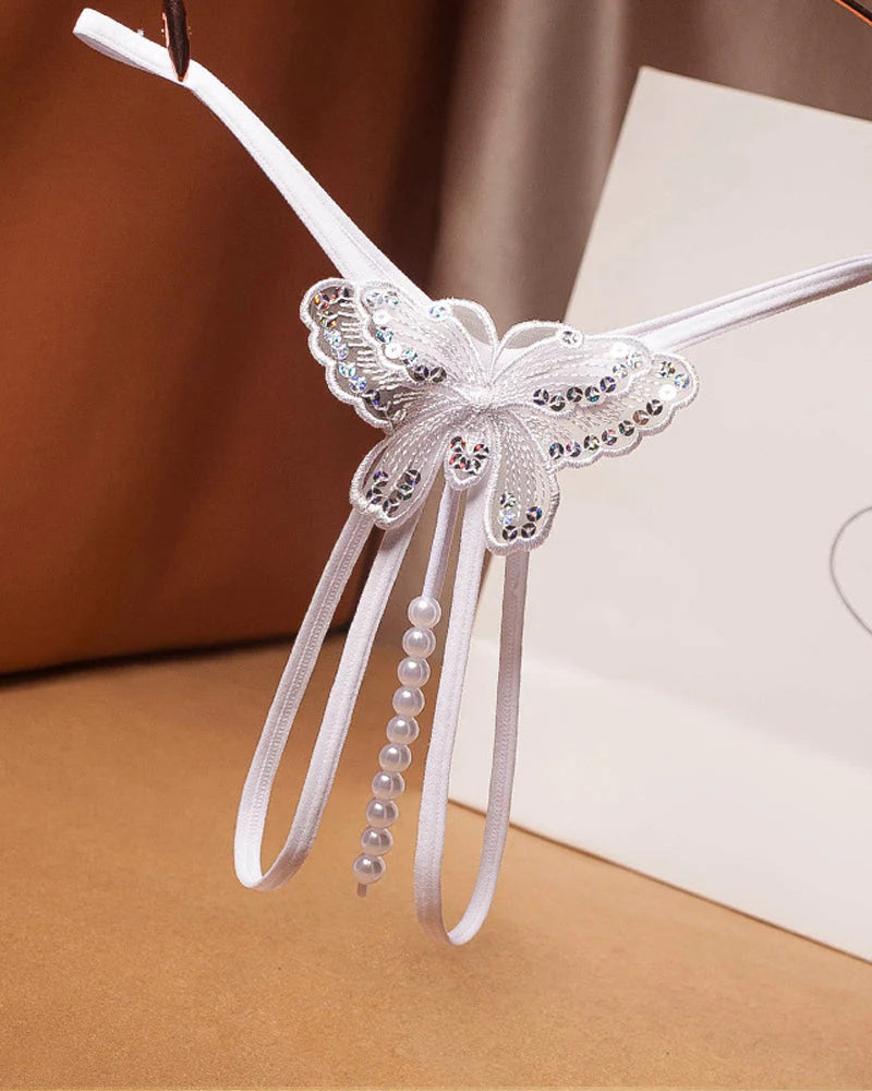 Sexy Sequin Butterfly Embroidered Open Crotch Thong