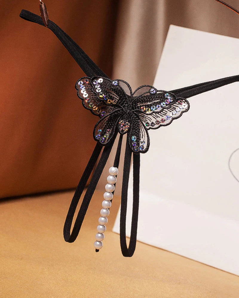 Sexy Sequin Butterfly Embroidered Open Crotch Thong