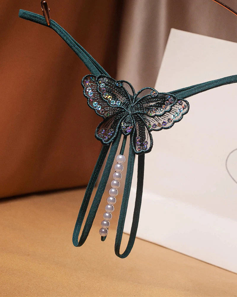 Sexy Sequin Butterfly Embroidered Open Crotch Thong