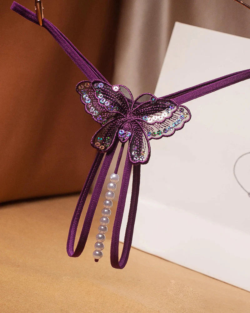 Sexy Sequin Butterfly Embroidered Open Crotch Thong