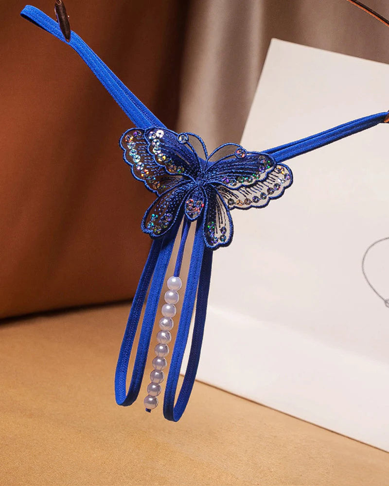 Sexy Sequin Butterfly Embroidered Open Crotch Thong