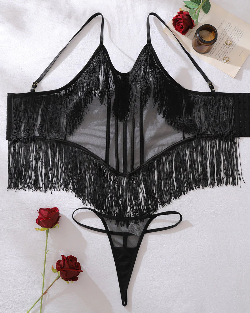 See-Through Mesh Sexy Suspenders Tassel Body-Shaping Bodysuit
