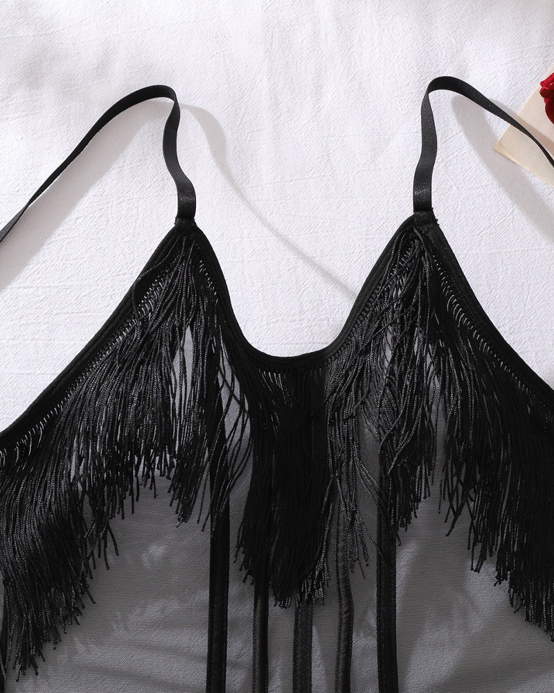 See-Through Mesh Sexy Suspenders Tassel Body-Shaping Bodysuit